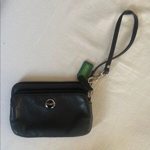 Coach Black Leather Wristlet with Green Tag